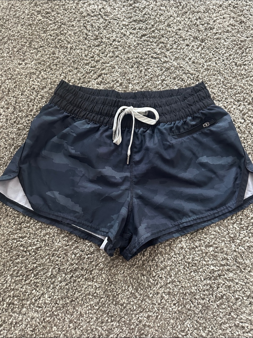 Vuori Women’s Dark Navy Camo Athletic Shorts with White Drawstring